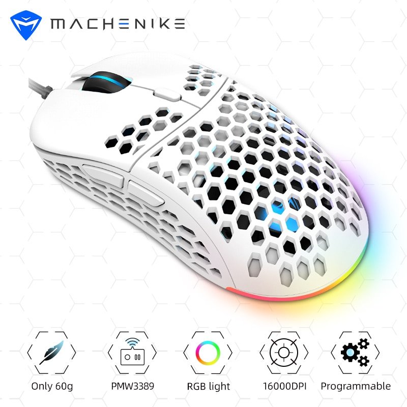 Machenike M6 Gaming Mouse RGB PMW3389 Computer Mouse Gaming 16000DPI Programmable Adjustable PC Hollow Design 60g LED Light