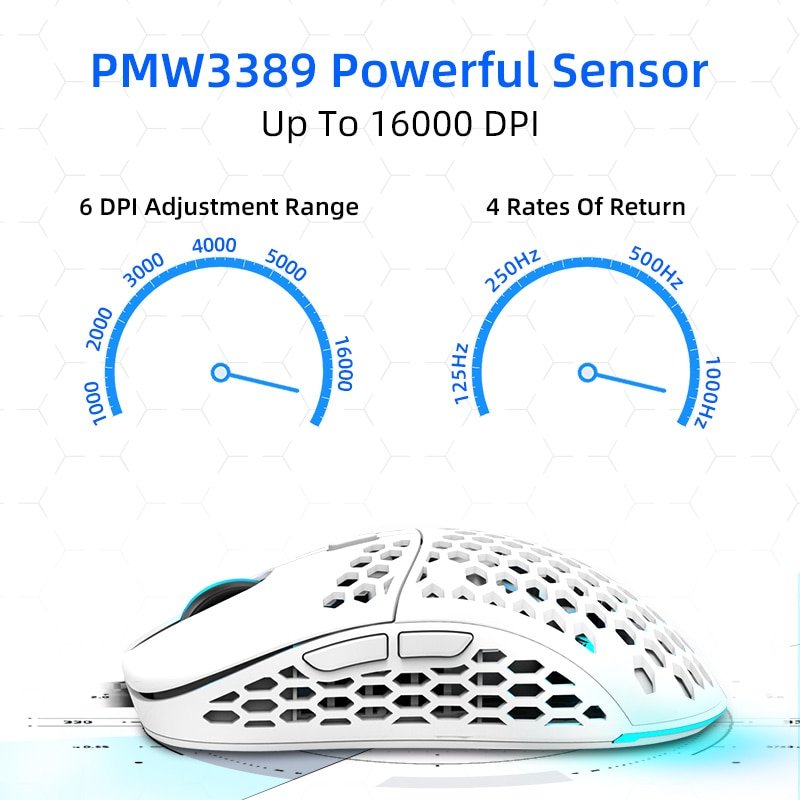 Machenike M6 Gaming Mouse RGB PMW3389 Computer Mouse Gaming 16000DPI Programmable Adjustable PC Hollow Design 60g LED Light