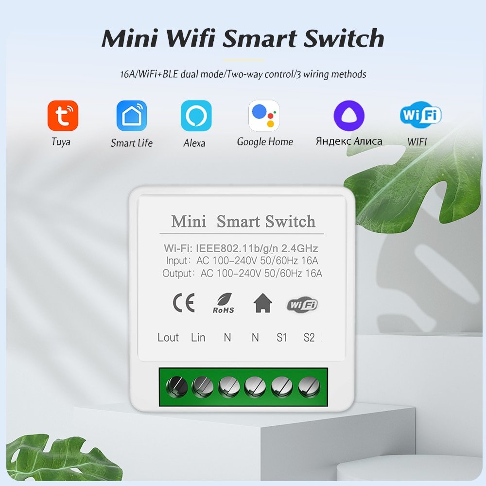 16A Mini Wifi Smart Switch Smart Home DIY Light Switches Module 2-way Control, Work With Tuya Smart Life Alexa Alice Google Home
