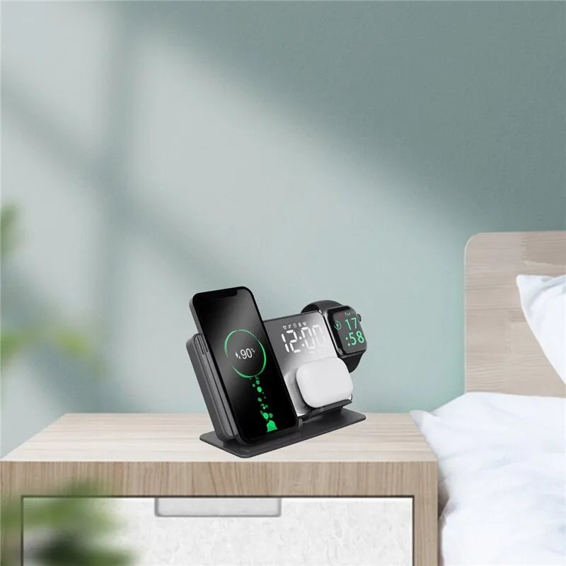 4 In 1 Wireless Charger Stand Alarm Clock Temperature Fast Charging Dock Station For iPhone 14 13 Samsung S22 S21 Galaxy Watch