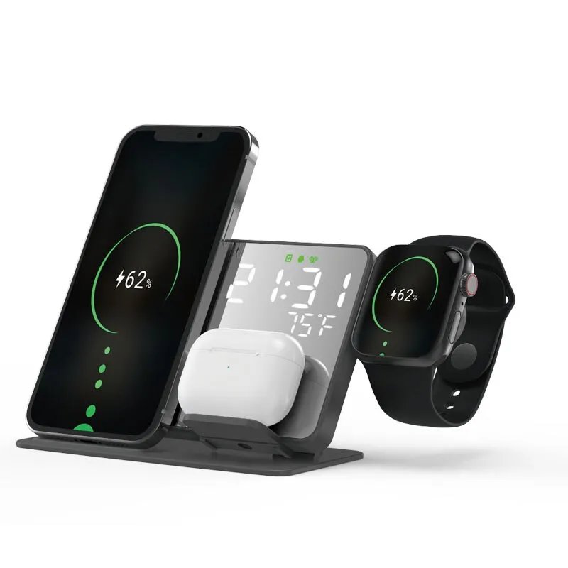 4 In 1 Wireless Charger Stand Alarm Clock Temperature Fast Charging Dock Station For iPhone 14 13 Samsung S22 S21 Galaxy Watch