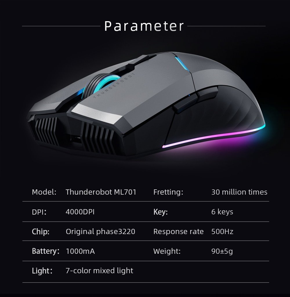 ThundeRobot ML703 Wireless Gaming Mouse 2.4G Wireless Wired RGB Gamer 16000 DPI 1000mAh Rechargeable Mouse for Laptop PC Gaming
