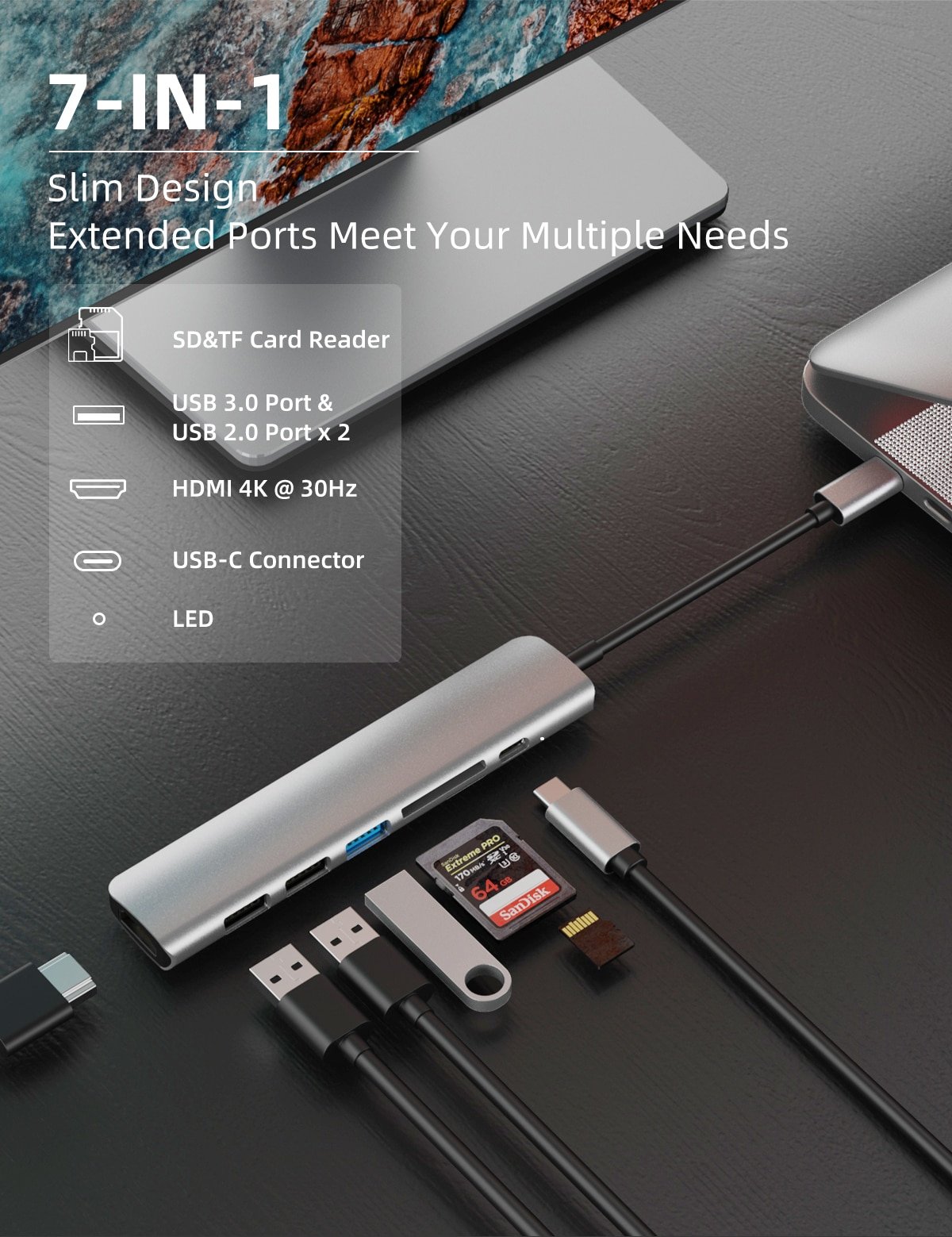 USB 3.1 Type-C To HDMI Adapter 4K Thunderbolt USB C Hub with Hub 3.0 2.0 TF SD Reader Slot PD for MacBookPro Air USB C Splitter