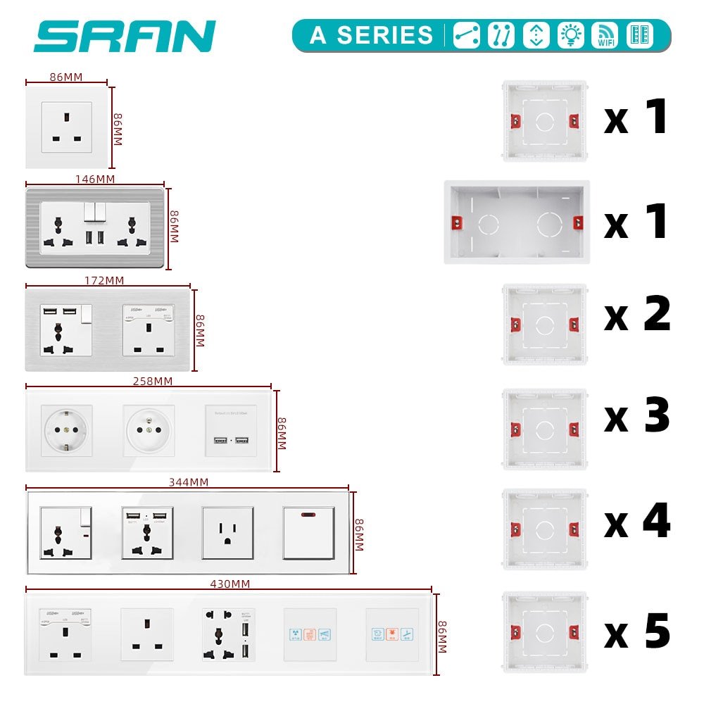 SRAN EU Power socket socket with usb for home,Dual Usb plug 5V 2A PC Panel 86*86mm Usb wall socket Smart LED ON/OFF 16A Outlets