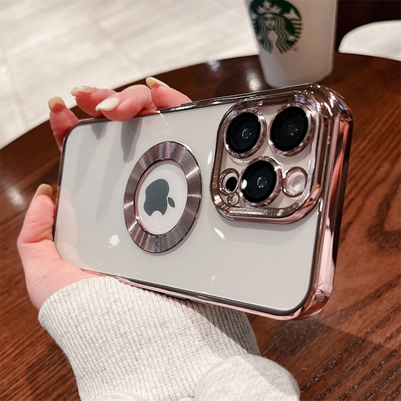 Luxury Logo Hole Plating Clear Case for iPhone 14 Plus 11 12 13 Pro Max XR XS X 7 8 Transparent Silicone Lens Protector Cover