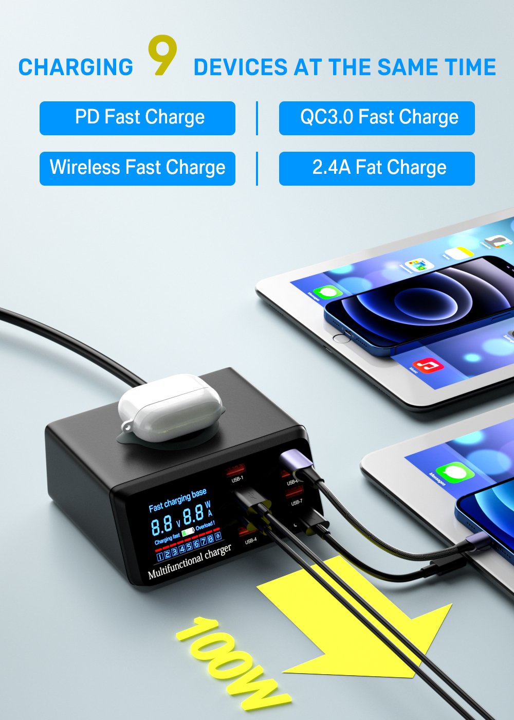 100W 8 Ports USB Charger Quick Charge 3.0 Adapter HUB Wireless Charger Charging Station PD Fast Charger For iPhone 11 13 Samsung
