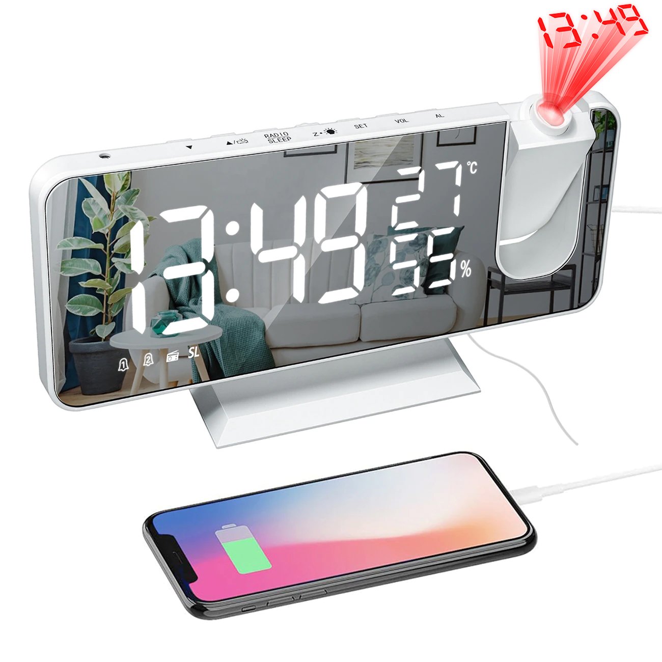 FM Radio LED Digital Smart Alarm Clock Watch Table Electronic Desktop Clocks USB Wake Up Clock with 180° Time Projection Snooze