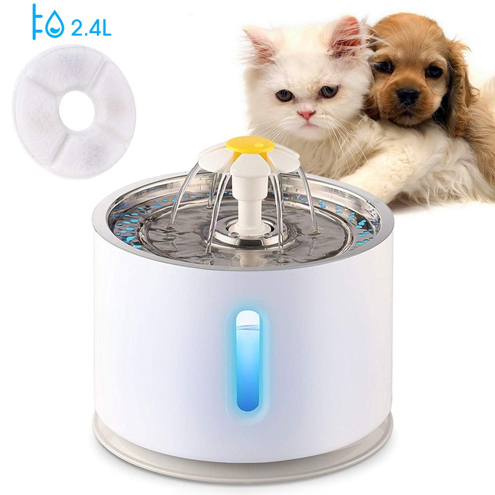 Automatic Pet Cat Water Fountain with LED Lighting 5 Pack Filters 2.4L USB Dogs Cats Mute Drinker Feeder Bowl Drinking Dispenser
