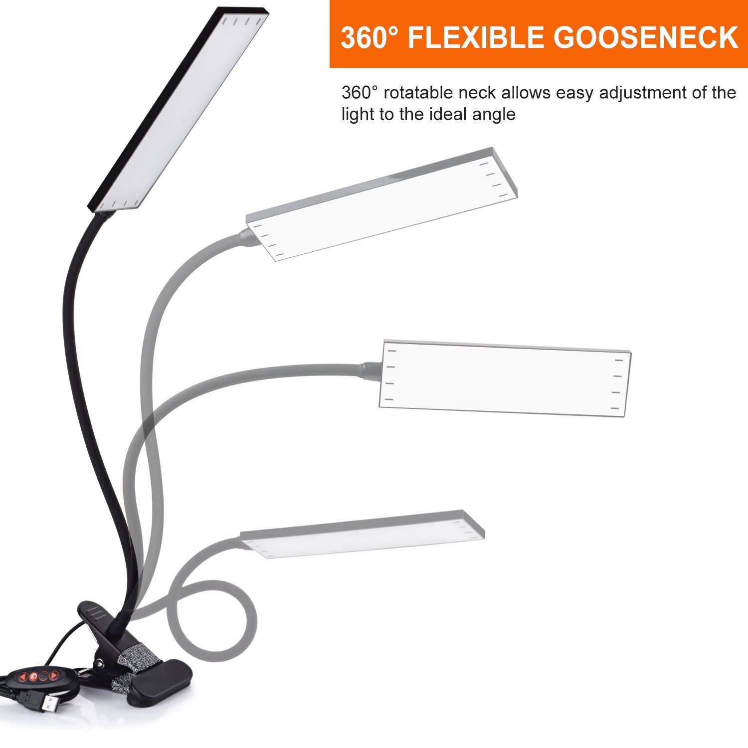 KEXIN 5W LED Clip on Desk Lamp with 3 Modes 11 Brightness  2M Cable Dimmer 14 Levels Clamp Table Lamp